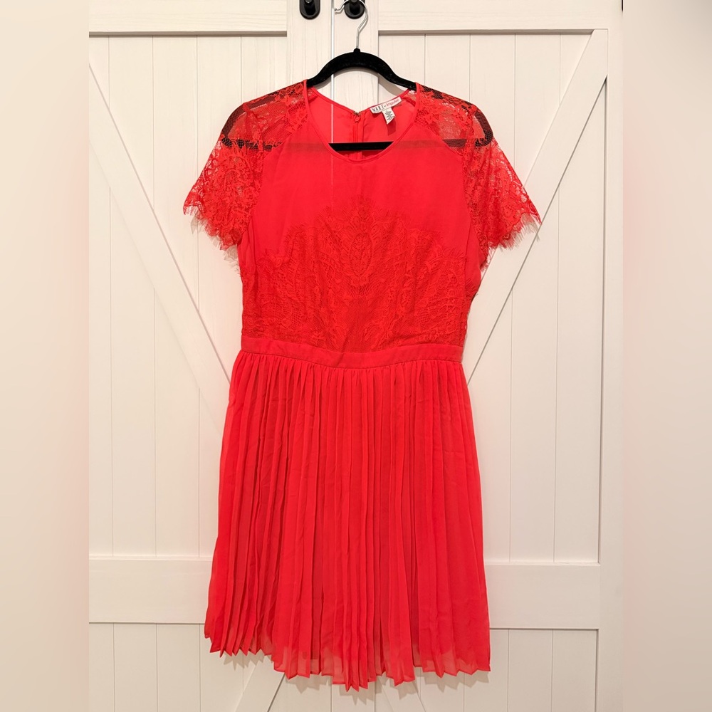 Impulse Coral-Red Lace Bodice Pleated Party Dress